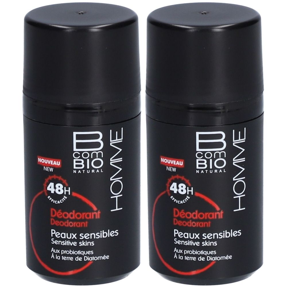 Deux déodorants noirs. Inscription : B COM BIO, HOMME, 48H, Déodorant, Peaux sensibles.