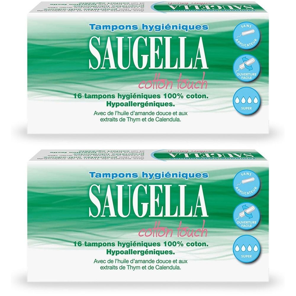 Deux boîtes de tampons SAUGELLA cotton touch. 16 tampons 100% coton, hypoallergéniques. Avec huile d'amande douce, extraits de Thym et Calendula.