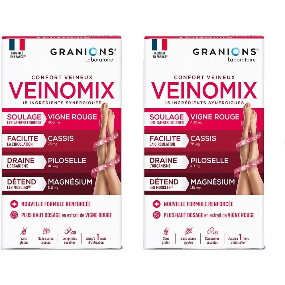 Deux boîtes de Granions Veinomix. Inscription : Confort Veineux, 15 Ingrédients Synergiques. Illustration de jambes avec cercles rouges.