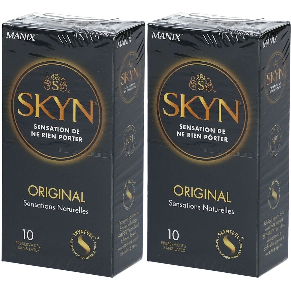 Deux boîtes de préservatifs. Emballage noir avec logo doré. Inscriptions : SKYN, Original, 10, sans latex.