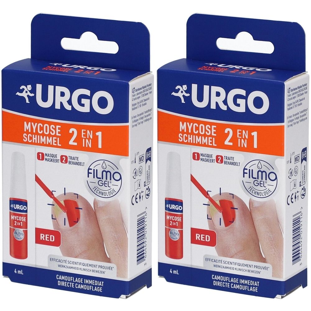 Deux boîtes de URGO Filmogel Mycose 2en1 Rouge. Inscription : Mycose 2 en 1. Flacon rouge avec applicateur. Marquage CE.