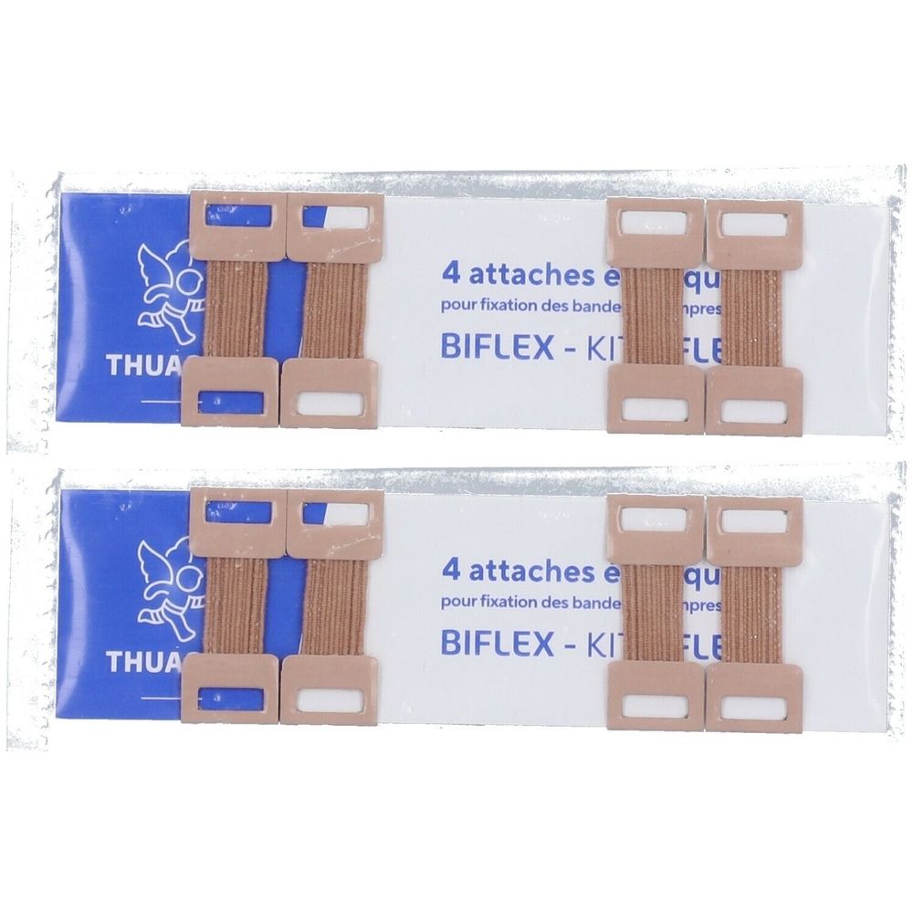 Deux emballages de 4 attaches élastiques pour bandes de contention. Marque THUASNE, modèle BIFLEX-KIT.