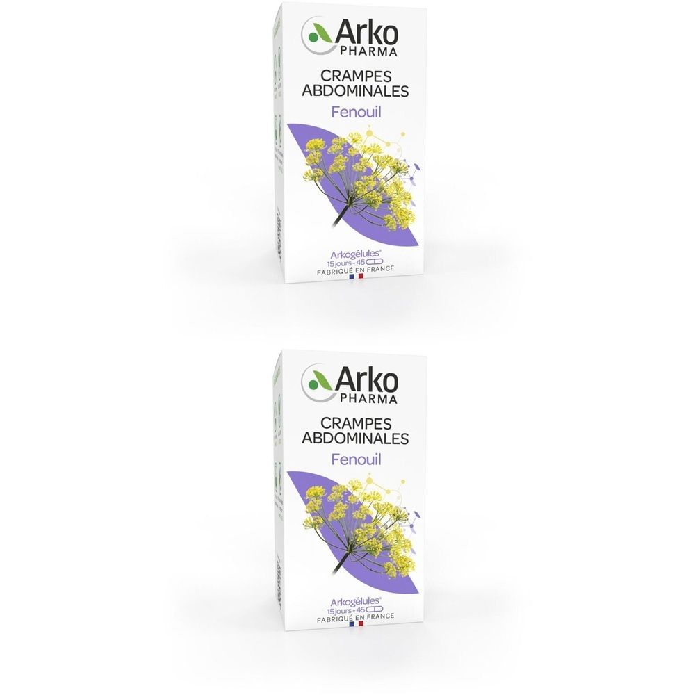 Boîte blanche "Arko Pharma". Inscription "Crampes Abdominales Fenouil". Illustration d'une plante. Fabriqué en France.