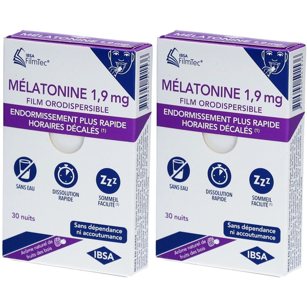 Deux boîtes de "Mélatonine 1,9 mg" en film orodispersible. Inscription : "Endormissement plus rapide". Marque : IBSA. 30 nuits.
