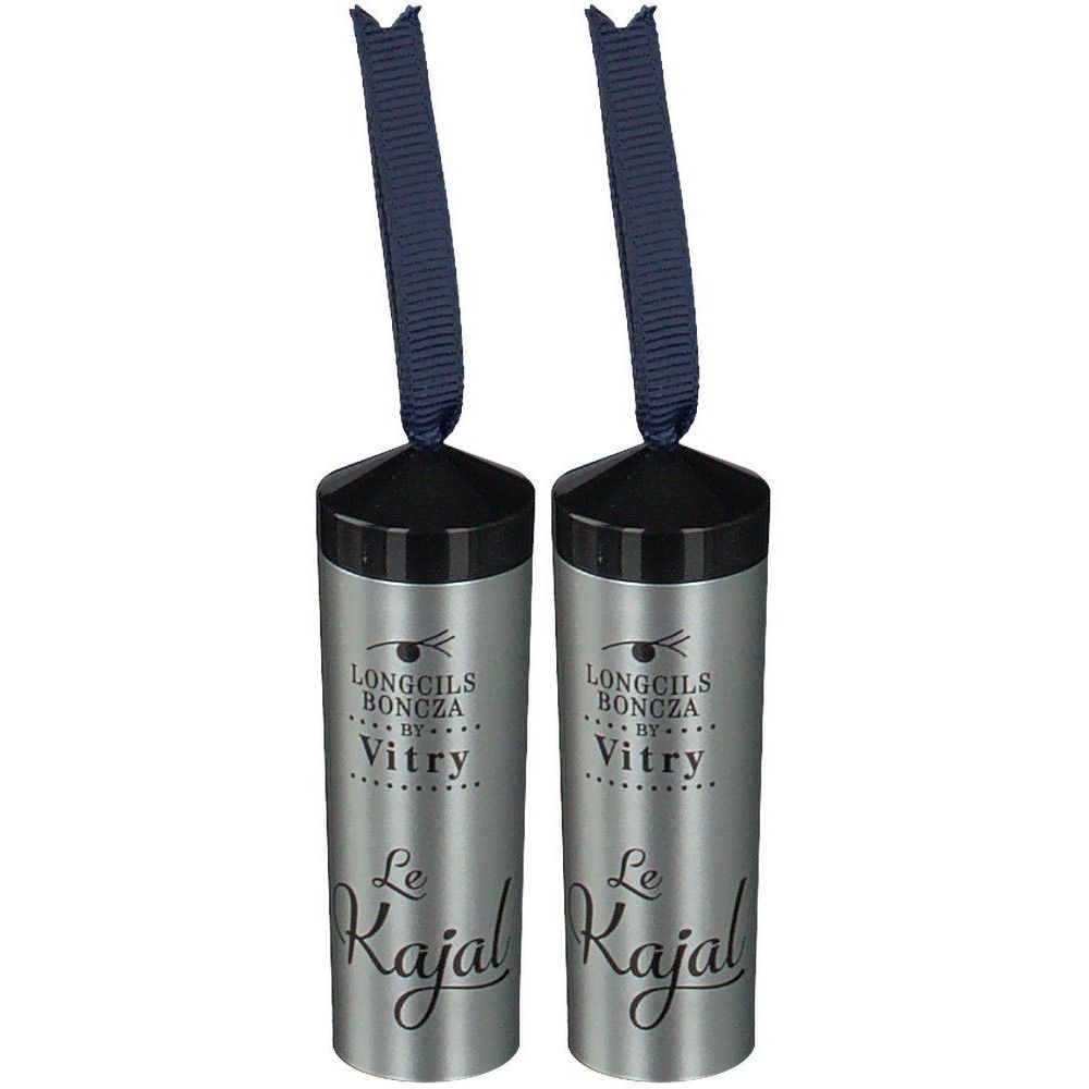 Deux tubes cylindriques avec bouchon noir et ruban bleu. Inscription: Le Kajal, Vitry.