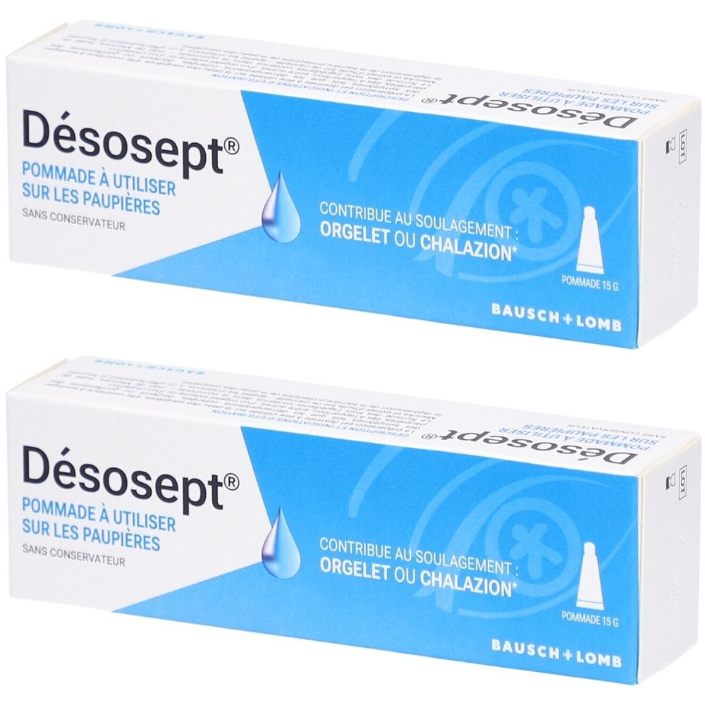 Deux boîtes de Désosept Pommade. Inscription: POMMADE À UTILISER SUR LES PAUPIÈRES. Logo Bausch + Lomb. Contient 15g.