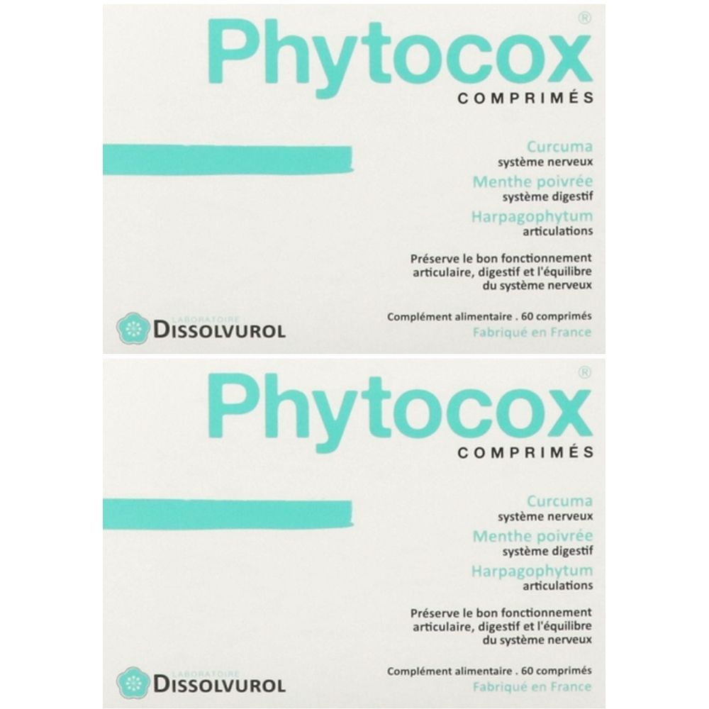 Boîte de Phytocox comprimés. Contient 60 comprimés. Ingrédients : Curcuma, menthe poivrée, Harpagophytum. Fabriqué en France.