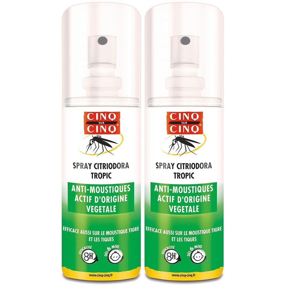 Deux flacons de spray. Inscription : CINO, Spray Citriodora Tropic, Anti-Moustiques, Actif d'Origine Végétale. Avec tête de pulvérisation et capuchon transparent.