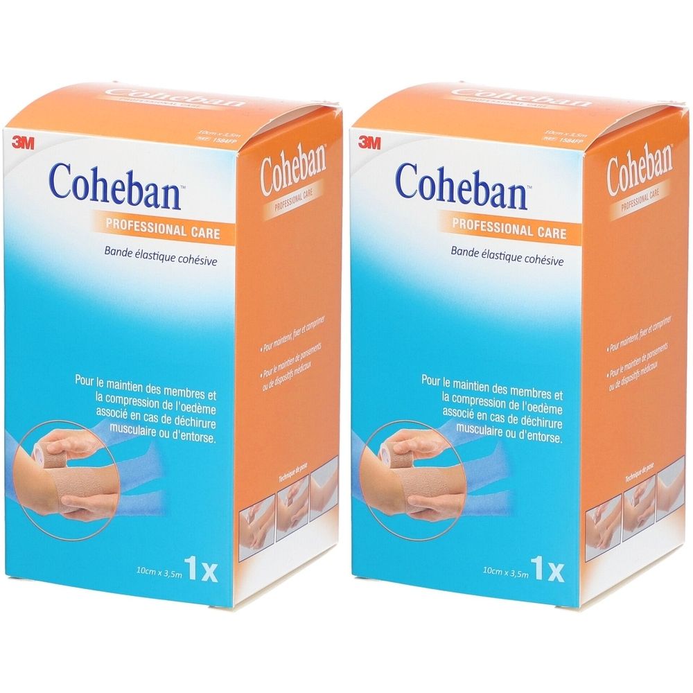 Deux boîtes de 3M Cohéban. Emballage orange, blanc et bleu. Inscription : Cohéban, Professional Care, bandage. 1x.