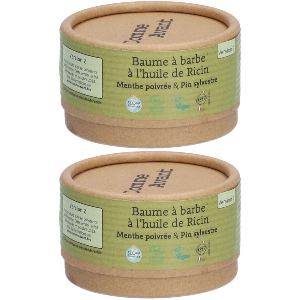 Deux boîtes cylindriques. Inscription : Baume à barbe à l'huile de Ricin, Menthe poivrée & Pin sylvestre. Marque Comme Avant.