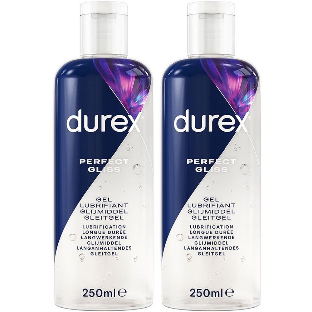 Deux flacons avec bouchon blanc. Inscription "durex PERFECT GLISS". Inscriptions multilingues: Gel, lubrifiant. Contenance 250ml.