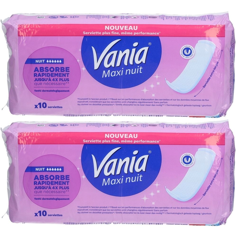 Deux paquets de Vania Maxi nuit. Emballage rose avec image et texte du produit. Contient 10 serviettes. 'Absorbe rapidement'.