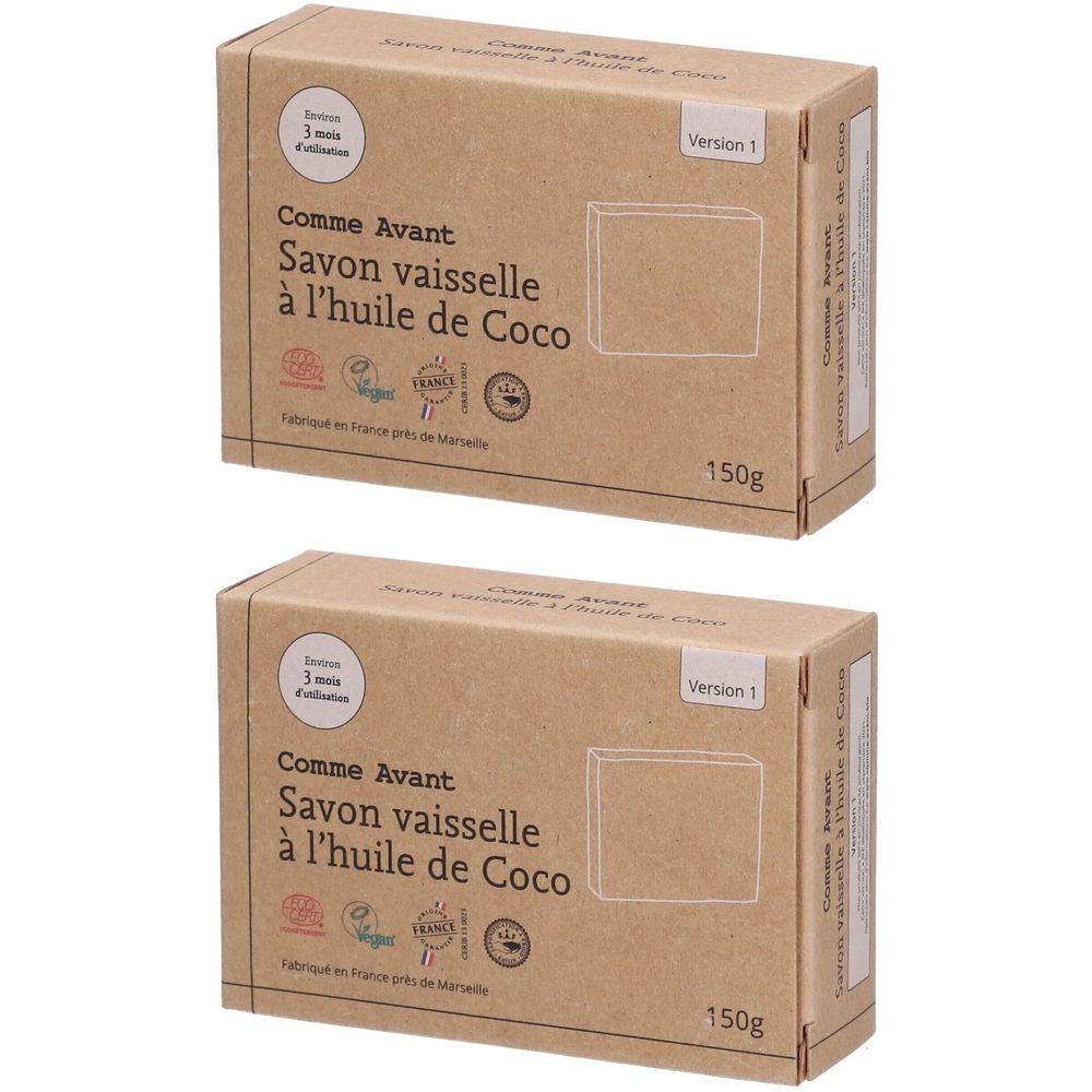 Deux boîtes de savon vaisselle Comme Avant à l'huile de Coco. Inscription : 150g. Version 1. Labels de certification.