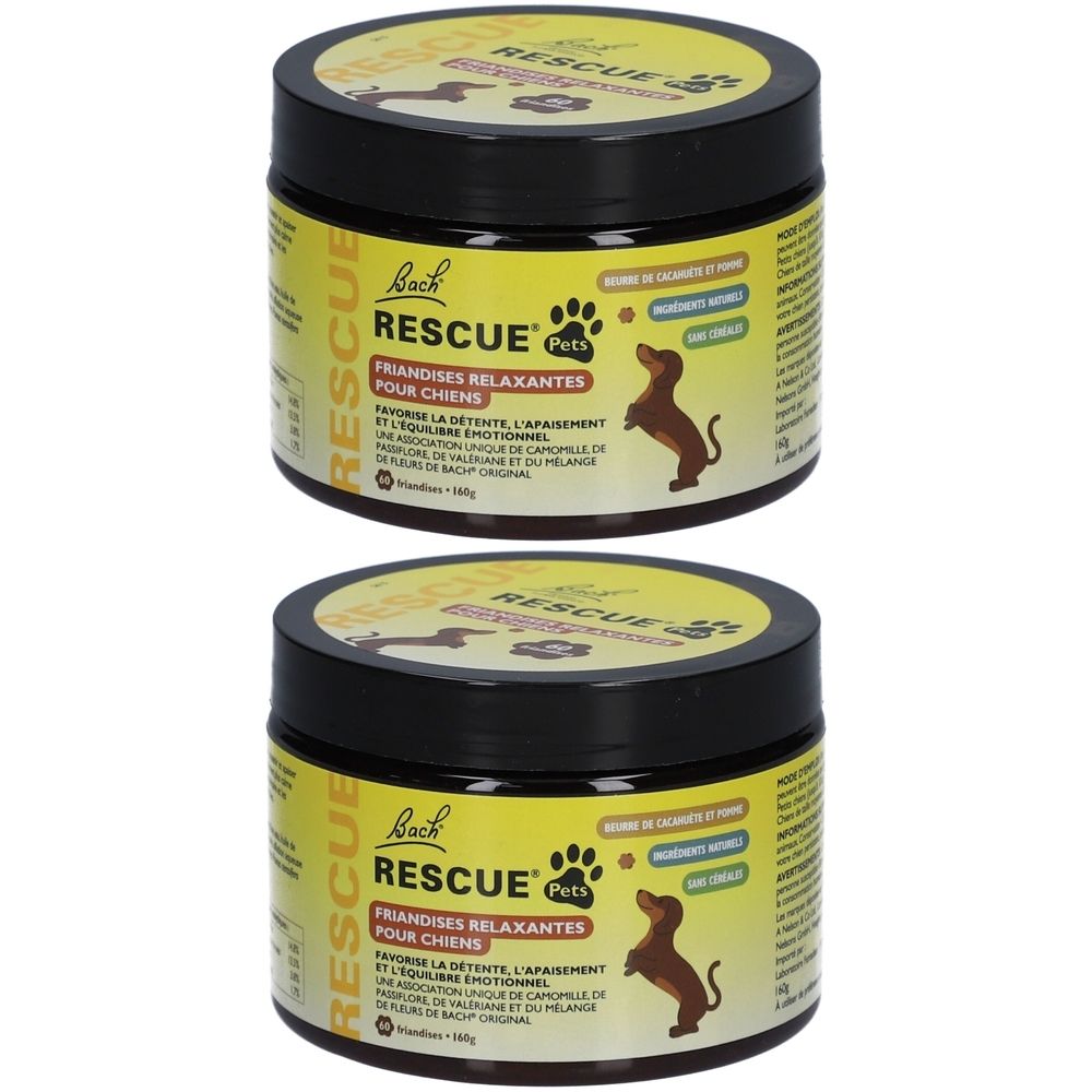Deux pots avec couvercles noirs et étiquettes jaunes. Inscription: Bach Rescue Pets Friandises Relaxantes pour Chiens.