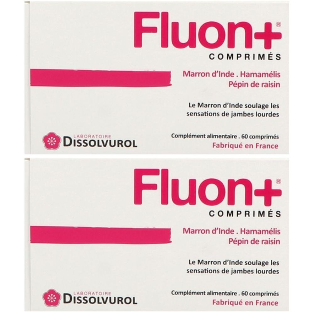 Deux boîtes blanches avec texte rose "Fluon+". Ingrédients: Marron d'Inde, Hamamélis, Pépin de raisin. Marque: Dissolvurol.