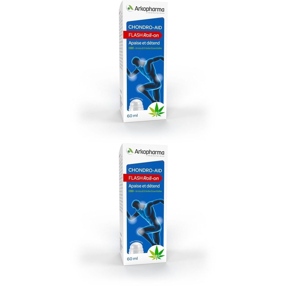 Deux boîtes de produit. Inscription : CHONDRO-AID FLASH Roll-on. Illustration d'un coureur. En bas : 60 ml.