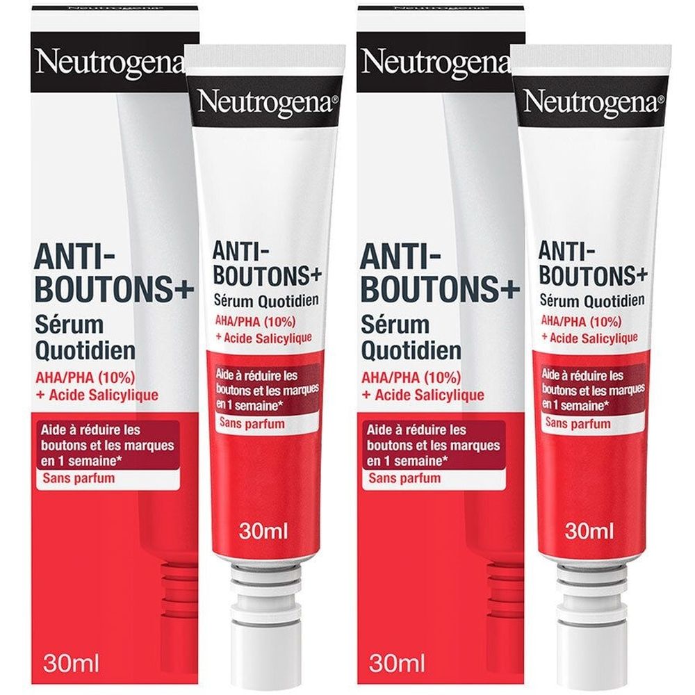 Plusieurs tubes de sérum Neutrogena Anti-Boutons+. Emballage blanc et rouge avec informations et indication 30ml.