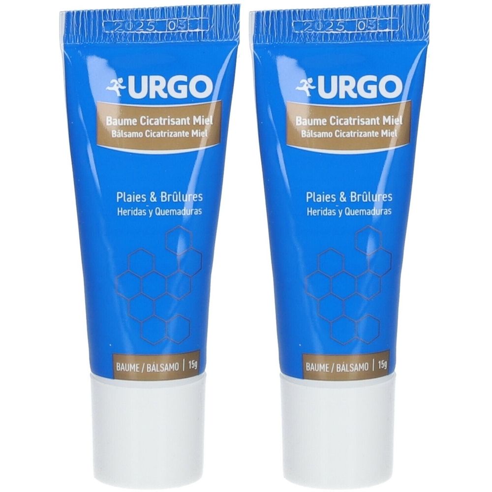 Deux tubes bleus avec bouchon blanc. Inscription: URGO, Baume Cicatrisant Miel, Plaies & Brûlures.
