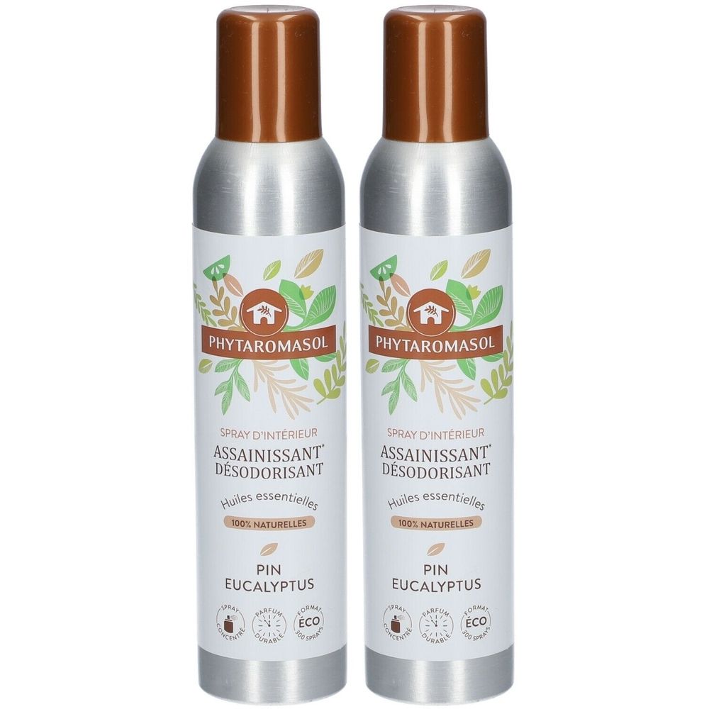 Deux sprays argentés avec bouchons marron. Inscription: PHYTAROMASOL, Spray d'intérieur, Pin Eucalyptus, 100% naturelles. Label ECO.
