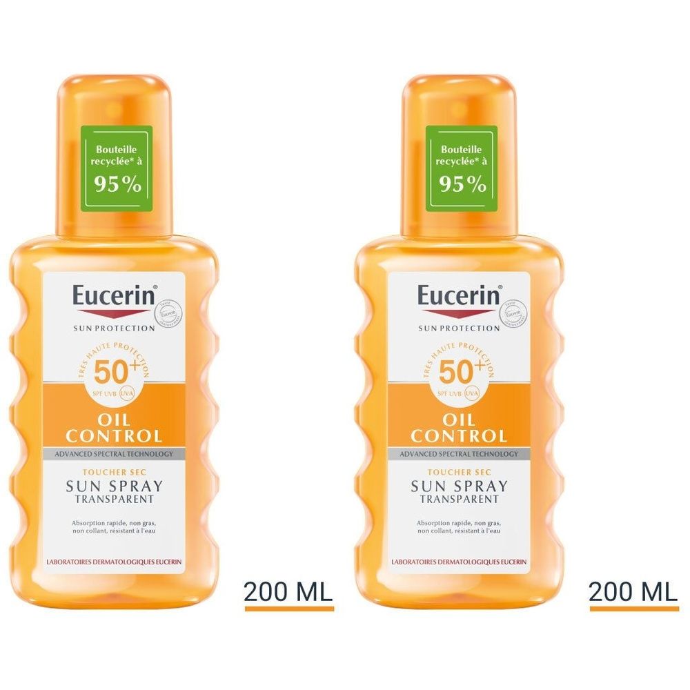 Deux flacons de spray solaire SPF 50+. Flacons orange avec étiquette verte. Marque Eucerin. 200 ml.