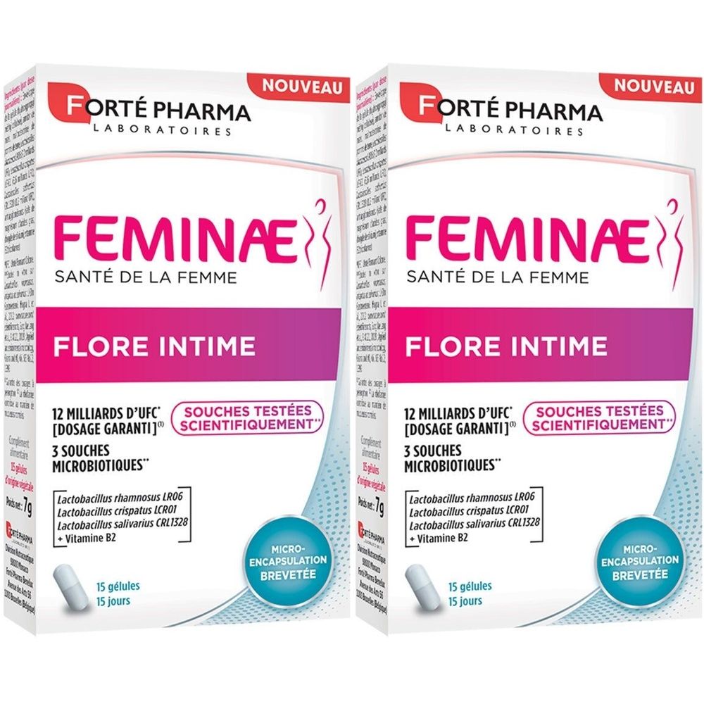 Deux boîtes "FEMINAE FLORE INTIME". Contient 15 gélules. Marque : Forté Pharma. Mention "NOUVEAU".