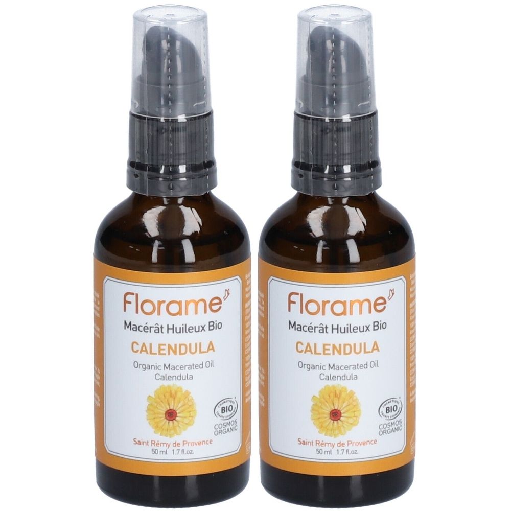 Deux flacons en verre brun avec pompe. Étiquettes avec "Florame Macérât Huileux Bio Calendula".