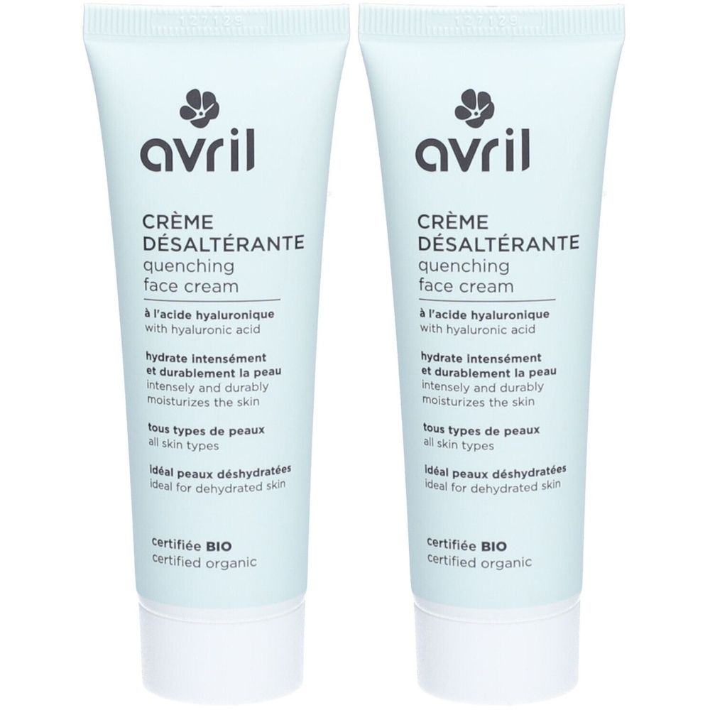 Deux tubes de crème. Inscription: avril, Crème Désaltérante, quenching face cream, avec acide hyaluronique. Certifié BIO.