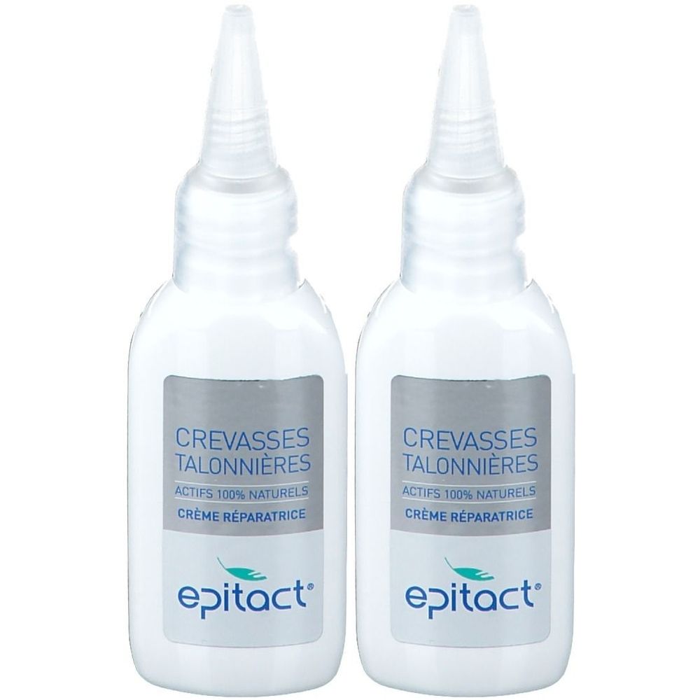 Deux flacons blancs avec embout. Étiquettes avec texte: CREVASSES TALONNIÈRES, ACTIFS 100% NATURELS, CRÈME RÉPARATRICE, epitact.