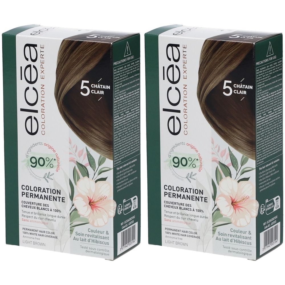 Deux boîtes de coloration permanente Elcea Chatain Clair 5. Inscriptions : 90%, Coloration permanente, Couleur & soin, lait d'hibiscus.