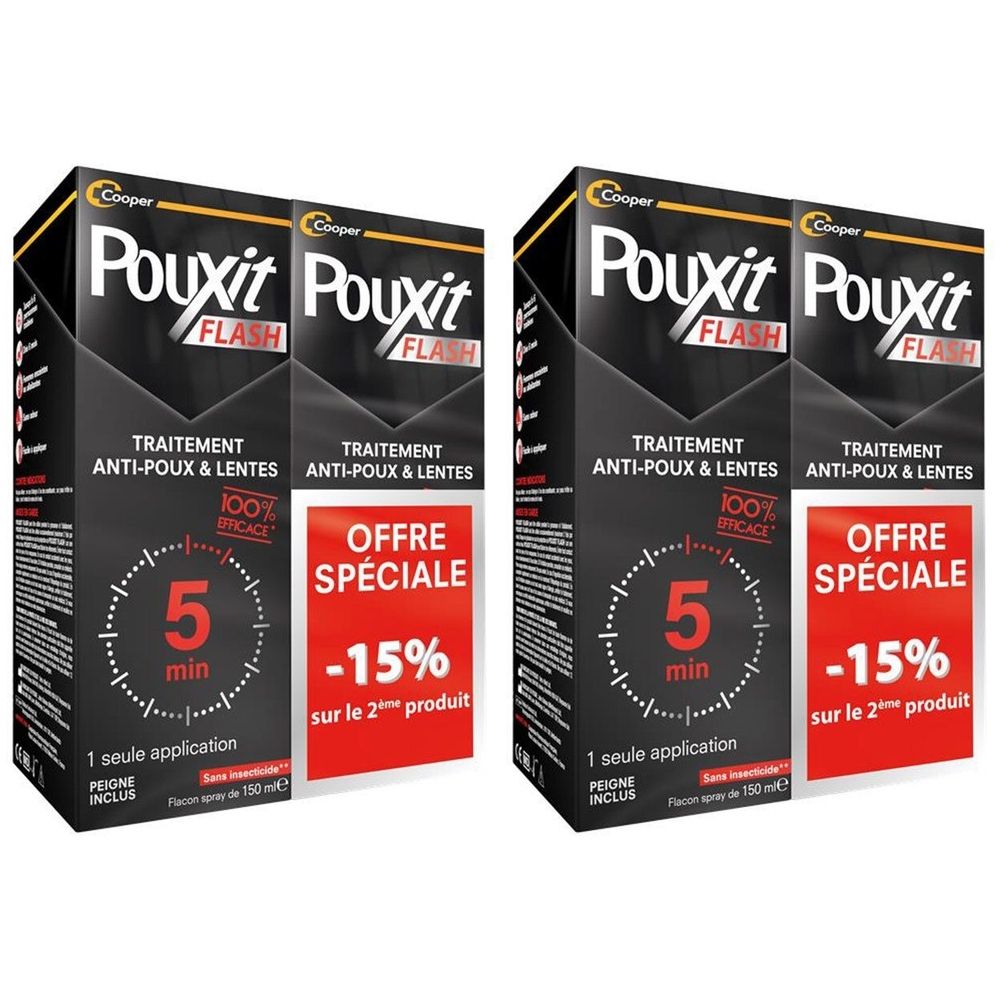 Deux boîtes Pouxit Flash. Emballage noir avec texte blanc. Traitement anti-poux et lentes. Offre spéciale -15% sur le 2ème produit.