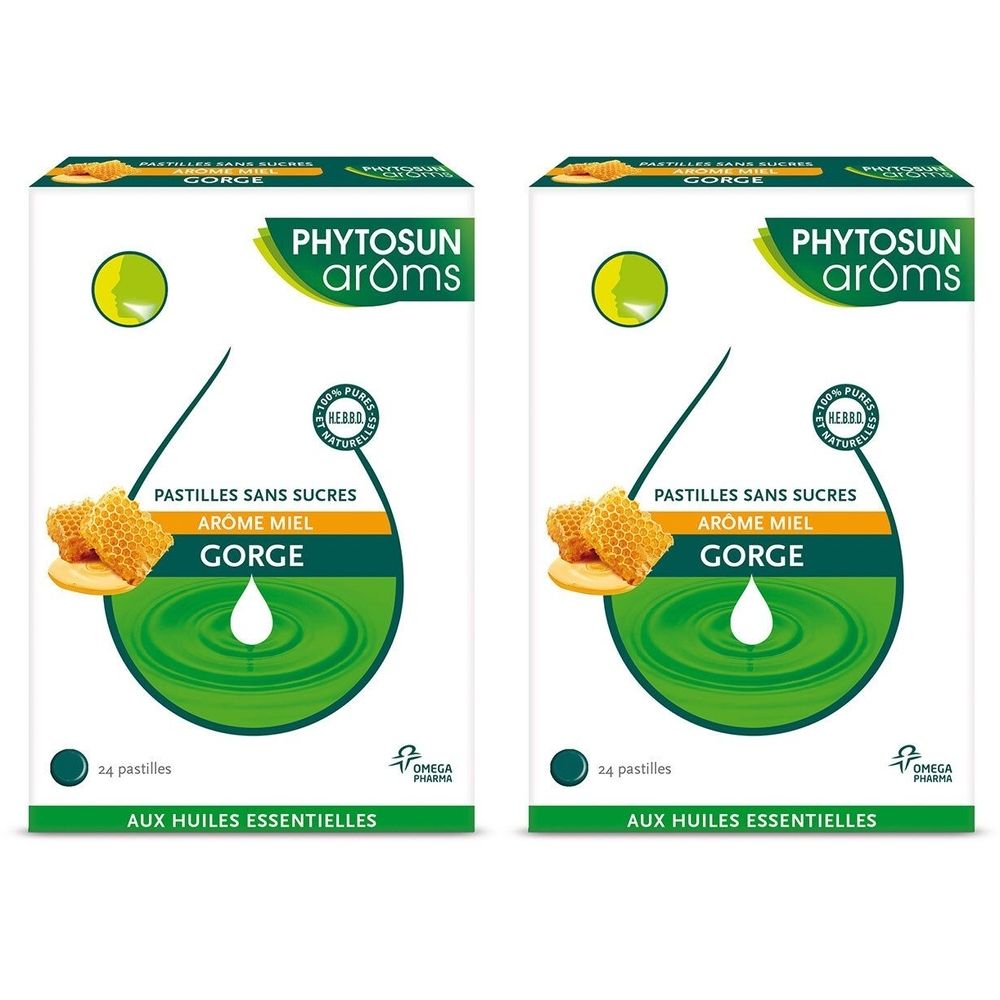 Deux boîtes de Phytosun Arôms Pastilles Gorge. Inscription : Pastilles sans sucres, Arome Miel, Gorge. 24 pastilles. Aux huiles essentielles.
