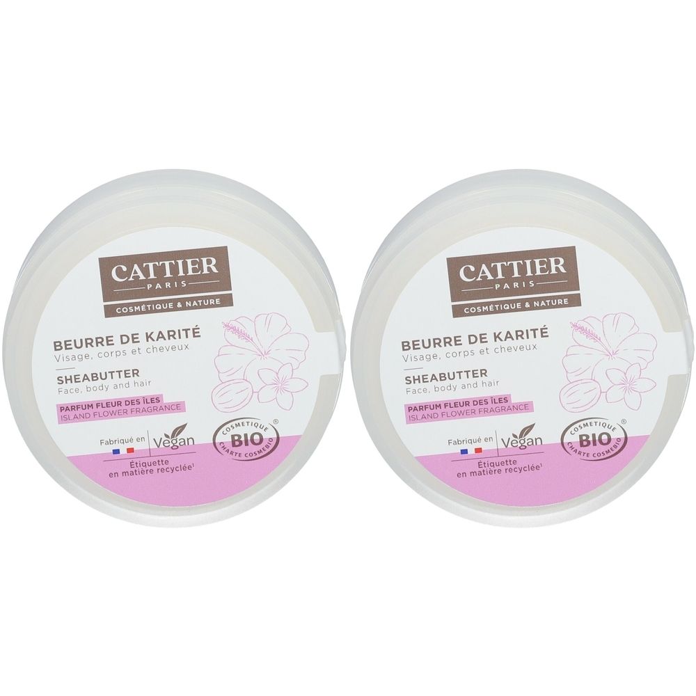 Deux pots ronds avec l'inscription "BEURRE DE KARITÉ". Certifications Vegan et Bio. Emballage rose et blanc.