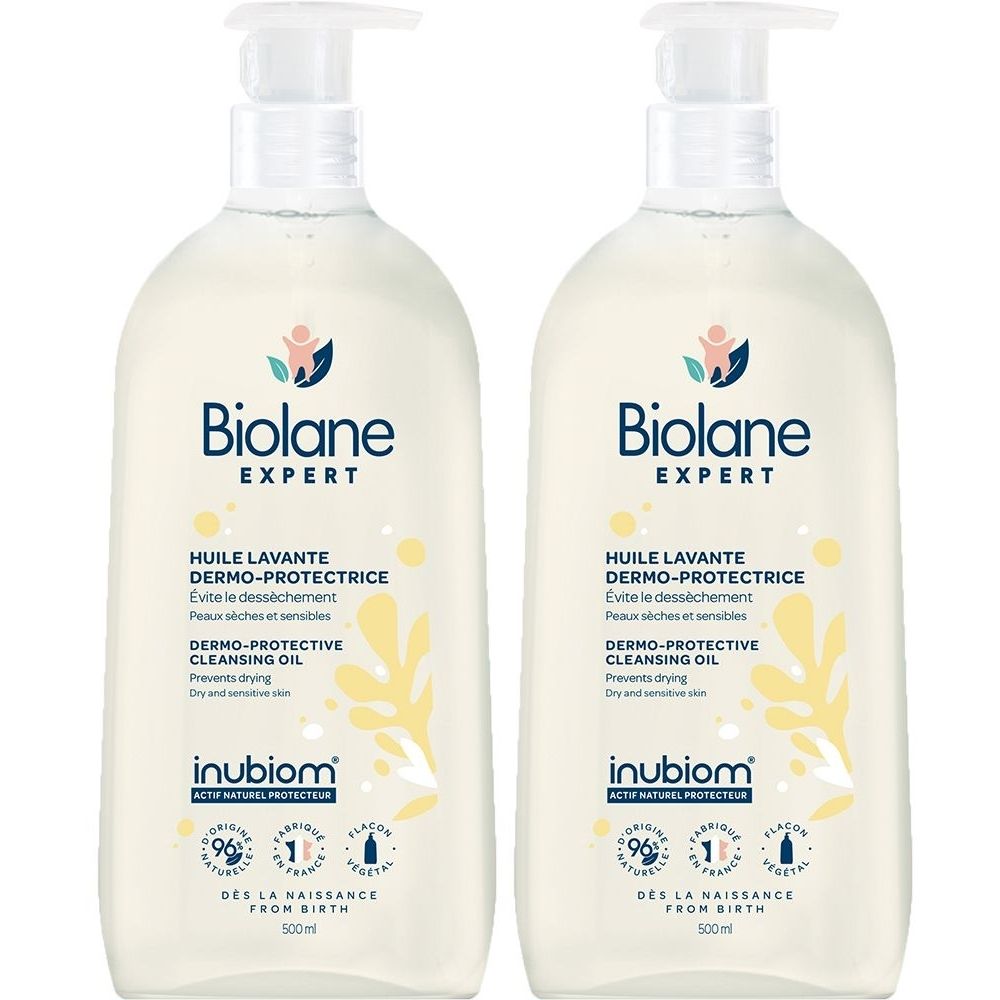 Deux flacons avec pompe. Inscription: Biolane Expert, Huile lavante Dermo-Protectrice. Pour peaux sèches et sensibles.