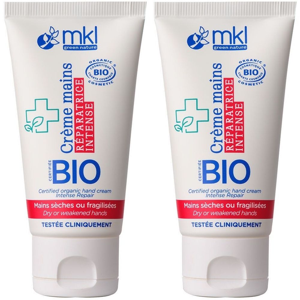 Deux tubes de crème pour les mains. Inscription: Crème mains, BIO, RÉPARATRICE INTENSE. Produit cosmétique bio certifié.