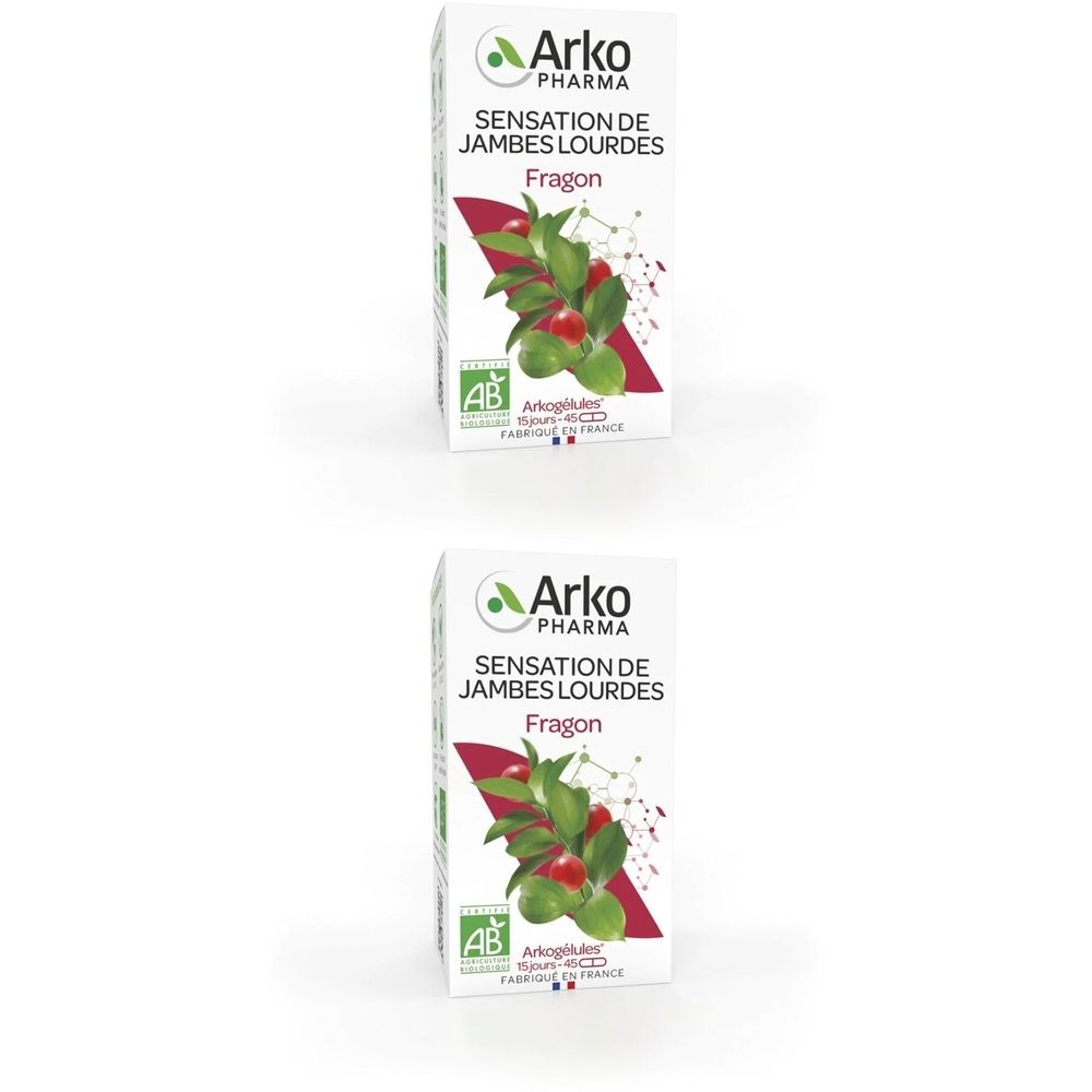 Deux boîtes de "SENSATION DE JAMBES LOURDES Fragon" avec logo Arko Pharma et certification AB. Visuel de plantes et fruits.