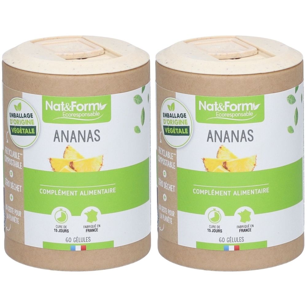 Deux boîtes cylindriques "Nat&Form Ananas". Inscription "Complément Alimentaire" et "60 Gélules". Emballage d'origine végétale.