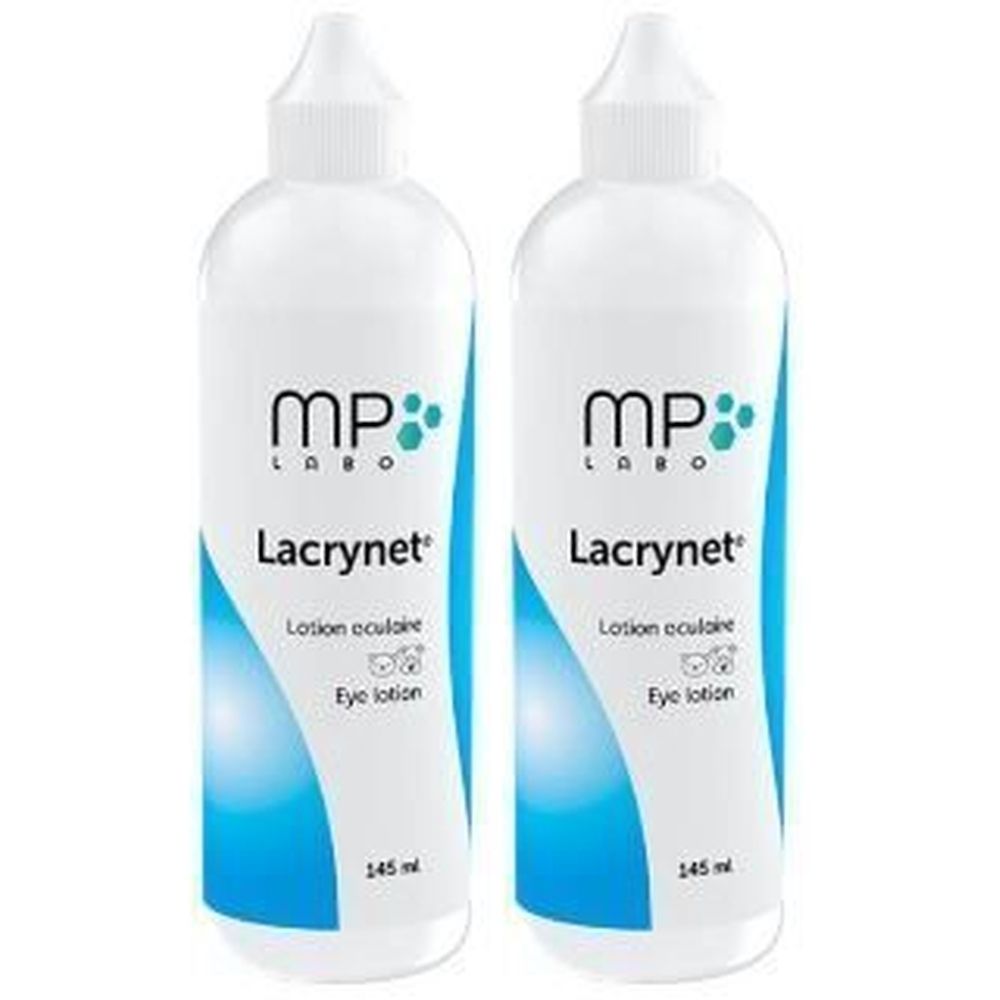 Deux flacons blancs avec des accents bleus. Inscription: MP Labo Lacrynet, lotion oculaire. 145 ml.