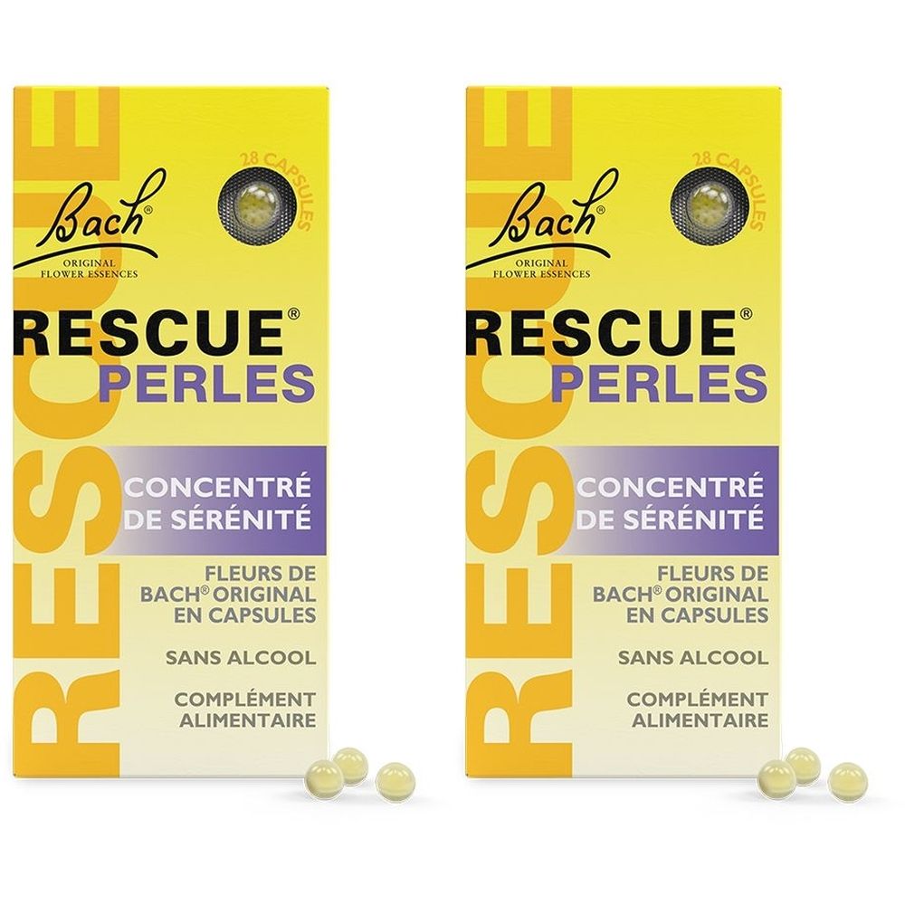 Deux boîtes de Fleurs de Bach Rescue Perles. Emballage jaune avec nom et logo du produit. Quelques gélules devant.