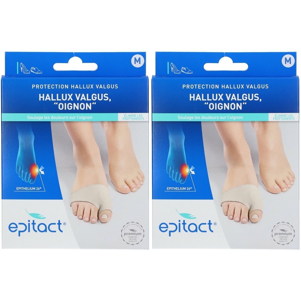 Deux boîtes pour Hallux Valgus. Emballage bleu avec image du produit et texte. Marque : epitact.