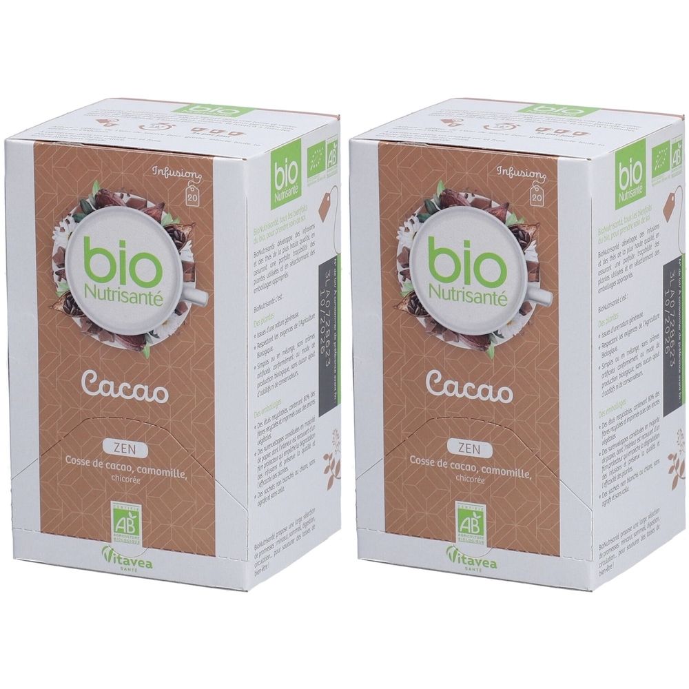 Deux boîtes de BIONUTRISANTÉ Infusion Cacao. Inscription : bio, Cacao, ZEN. Avec certification AB bio.