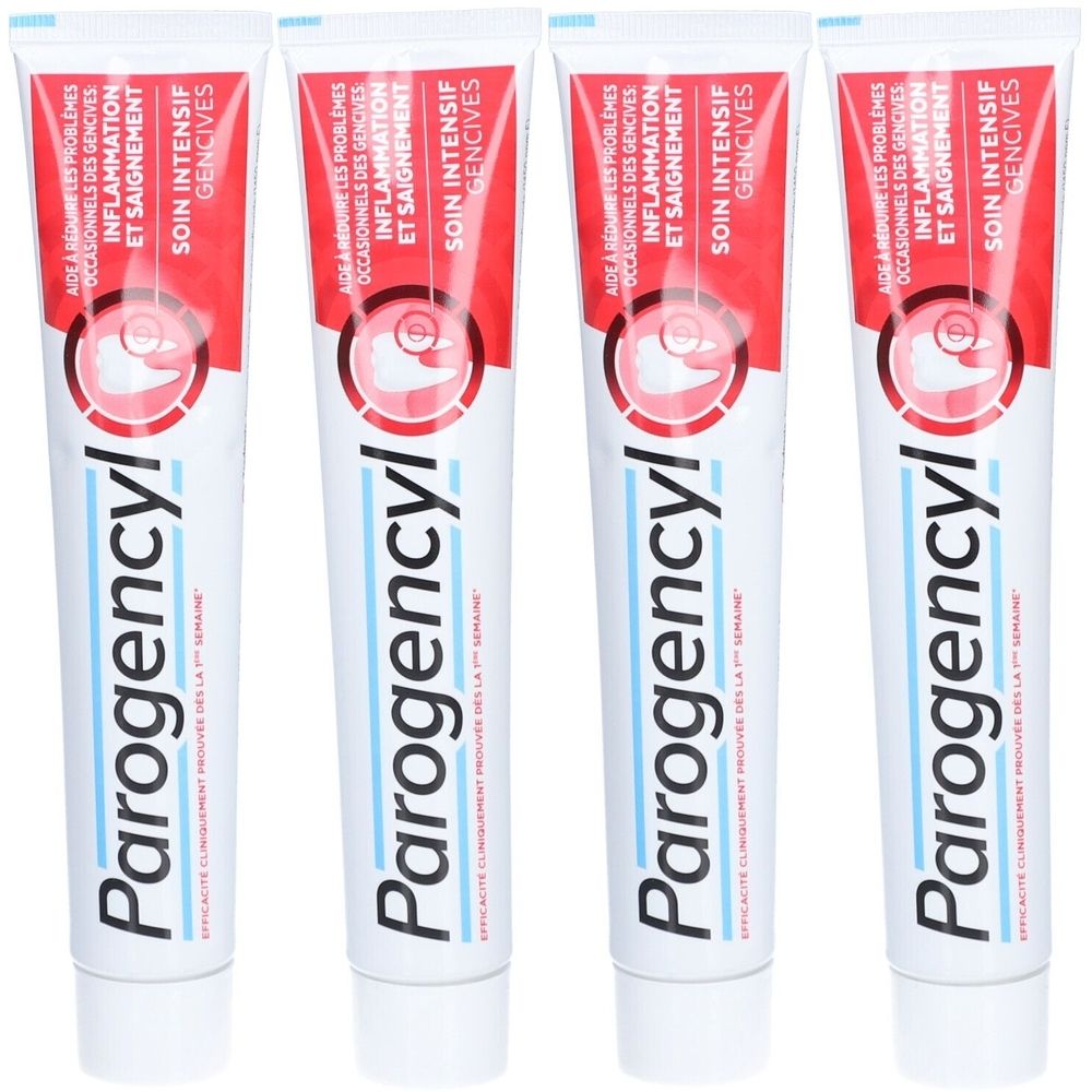 Quatre tubes de dentifrice Parogencyl. Blanc, avec design rouge et bleu. Inscription : SOIN INTENSIF GENCIVES. Aide aux problèmes de gencives.