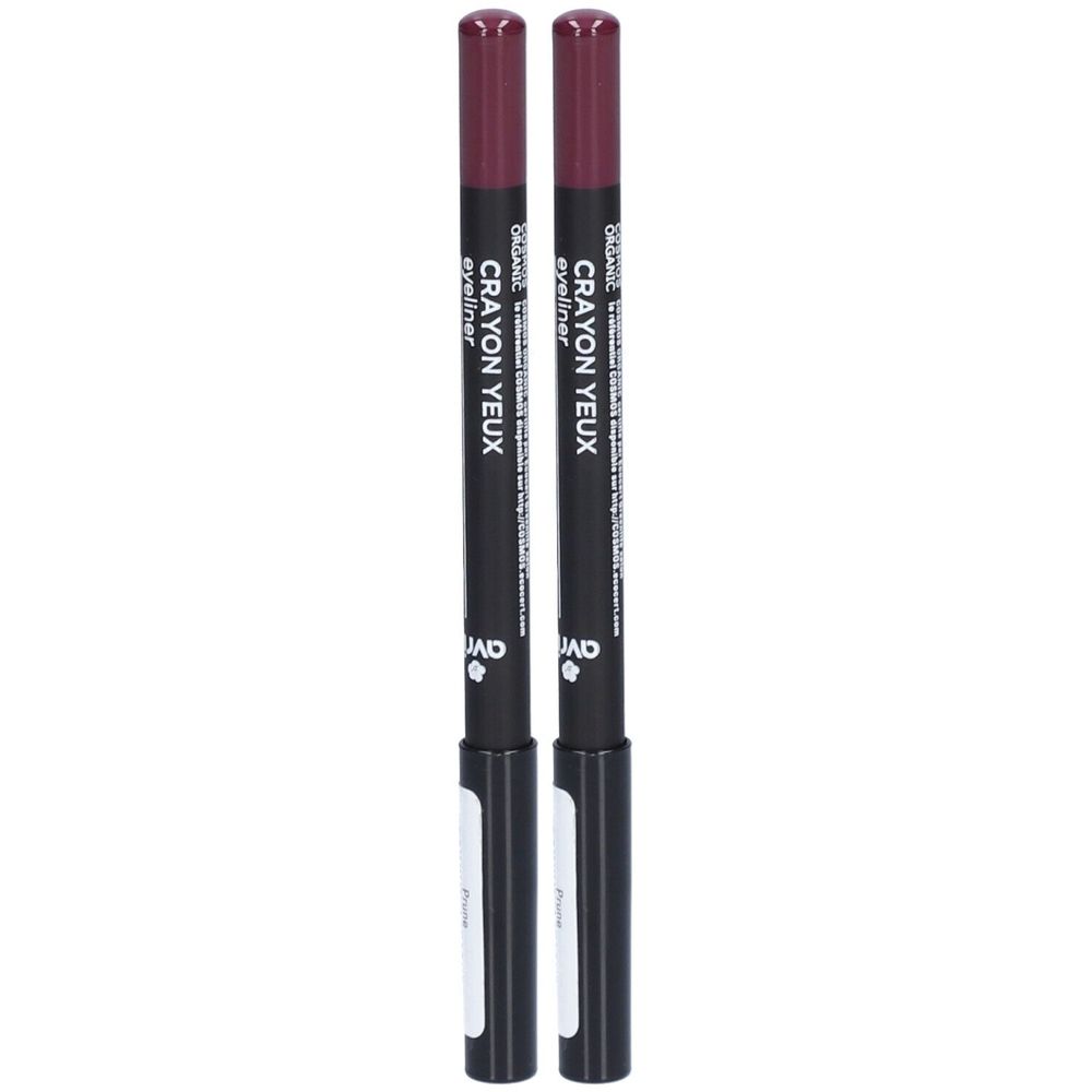 Deux crayons yeux noirs avec embout prune. Inscription: Crayon Yeux, Avril. Certification bio.