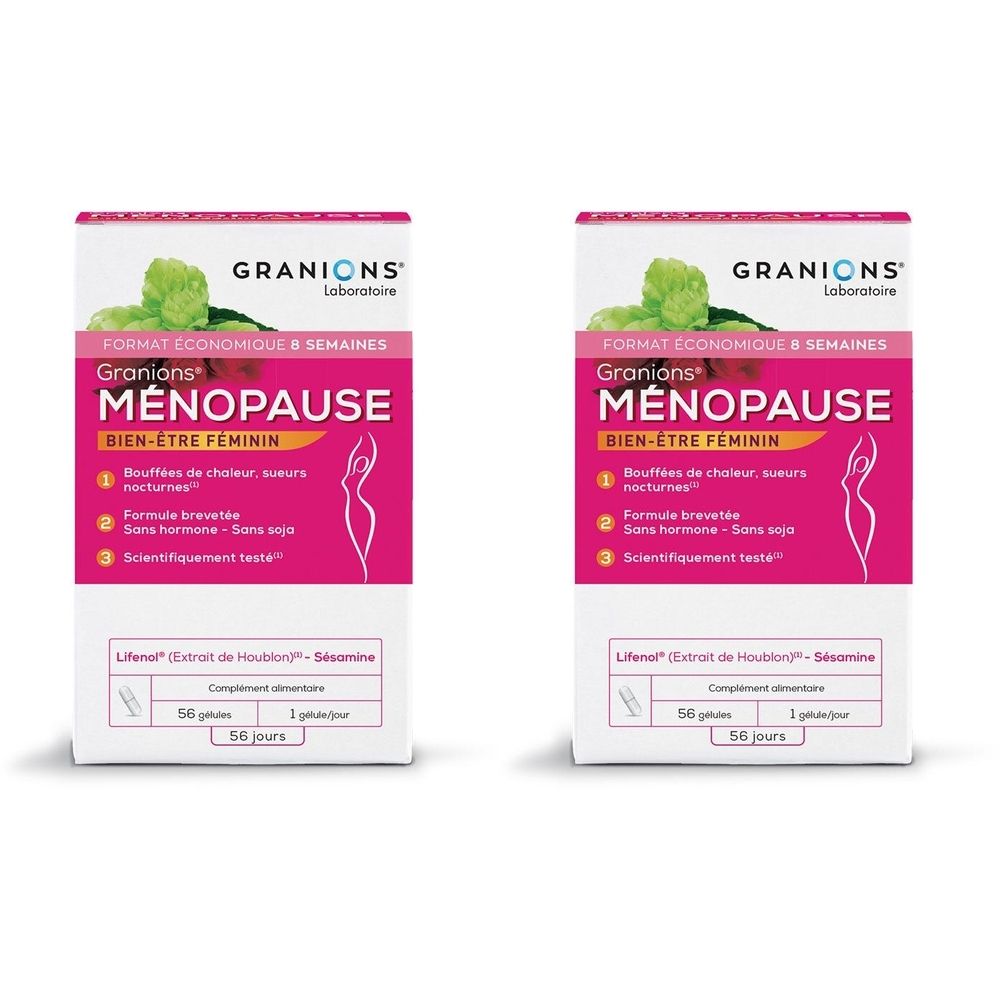 Deux boîtes de GRANIONS® Ménopause. Boîtes blanches avec accents roses et verts. Texte : Ménopause, Bien-être féminin.