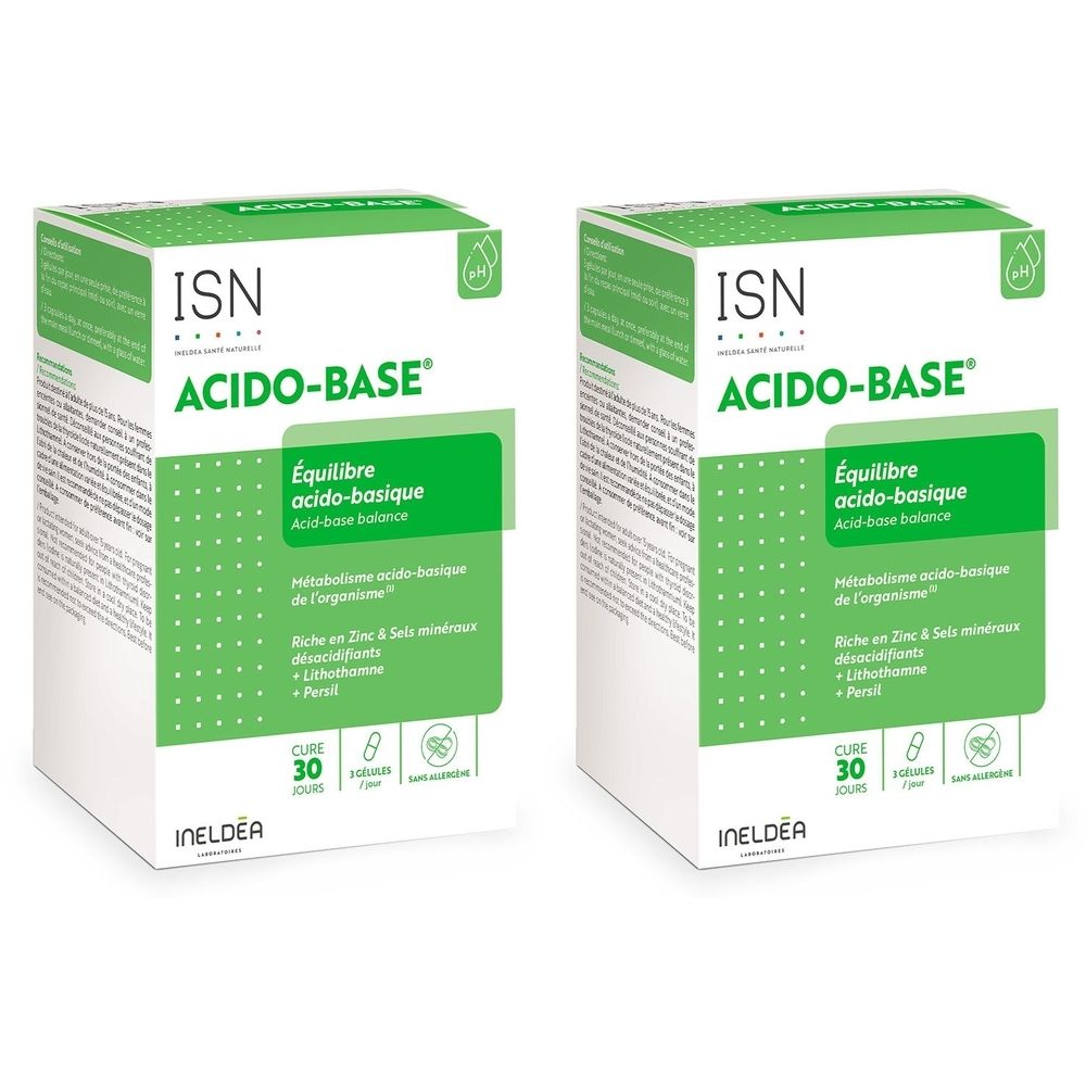 Deux boîtes blanches avec des accents verts. Inscription: ISN ACIDO-BASE. Texte en français. 30 comprimés. Marque INELDEA.