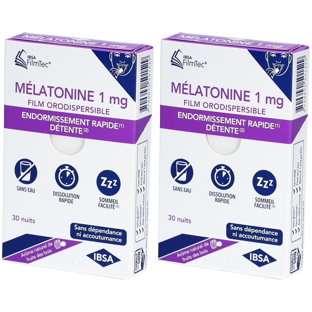 Deux boîtes de "Mélatonine 1 mg". Emballage blanc et violet avec informations produit et logos.