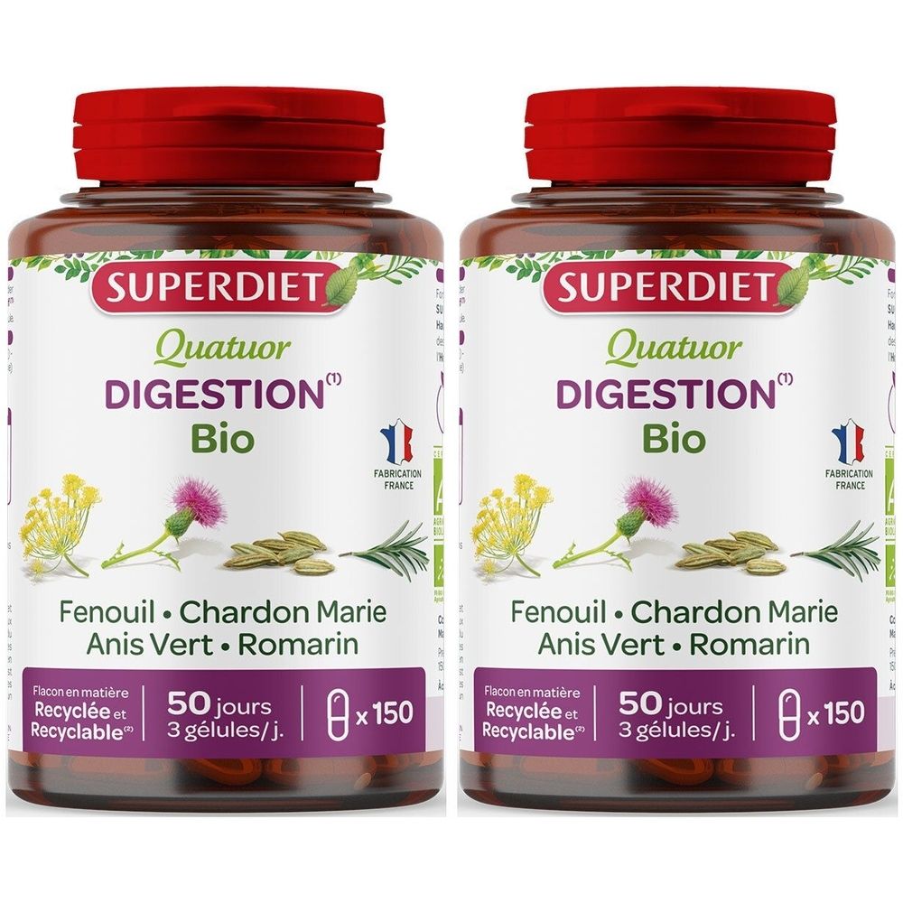 Deux flacons de SUPERDIET Quatuor Digestion Bio. Flacons bruns avec bouchon rouge. Ingrédients : Fenouil, Chardon Marie, Anis Vert, Romarin.