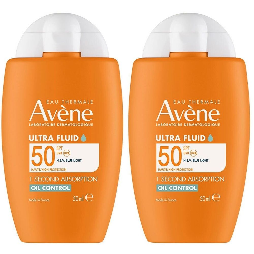 Deux flacons orange avec bouchon blanc.  Chaque flacon porte l'inscription "Avène Ultra Fluid 50 SPF".