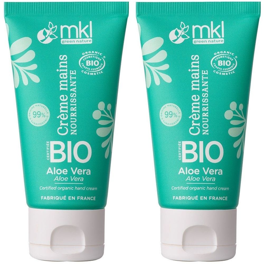 Deux tubes de crème pour les mains verts avec bouchon blanc. Inscriptions : BIO, Aloe Vera, Crème mains, mkl green nature. Certifié.