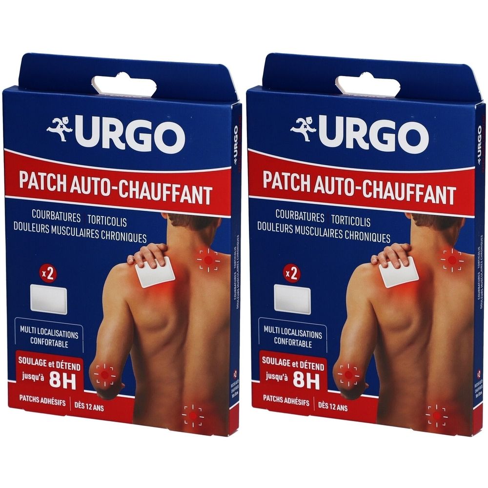 Deux boîtes bleues URGO PATCH AUTO-CHAUFFANT. Un homme est représenté avec un patch sur l'épaule. Texte en français.