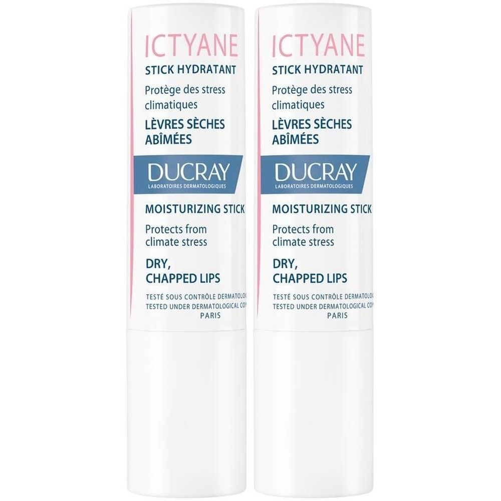 Deux sticks hydratants Ictyane. Protège des stress climatiques. Pour lèvres sèches et abîmées. Testé sous contrôle dermatologique.